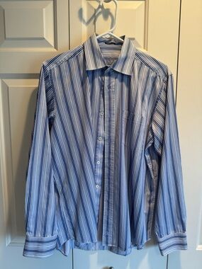 Bugatchi Blue and White Striped Casual Button-Down Shirt